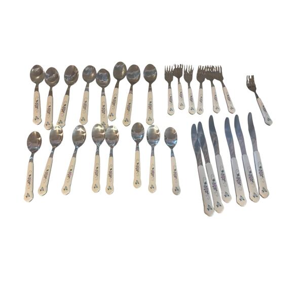 Vintage Pfaltzgraff Tea Rose Flatware Serving Set 35 Pieces EUC Cottage Core - Picture 1 of 6